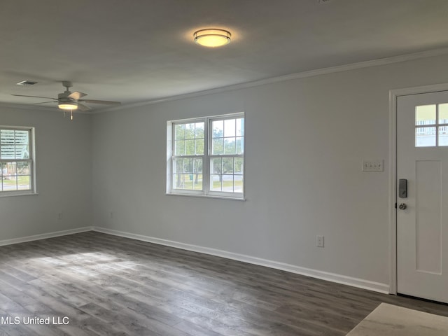 entrance foyer with ceiling fan, crown molding, and dark wood-type flooring