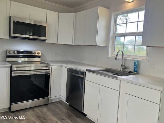 kitchen featuring white cabinets, appliances with stainless steel finishes, ornamental molding, and sink