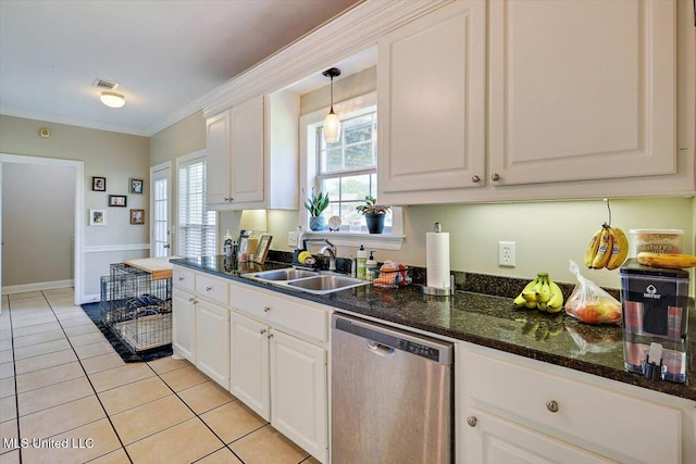 449 Abbey Woods, Brandon, MS 39047 - kitchen featuring stainless steel dishwasher, white cabinetry, light tile patterned floors, ornamental molding, and pendant lighting