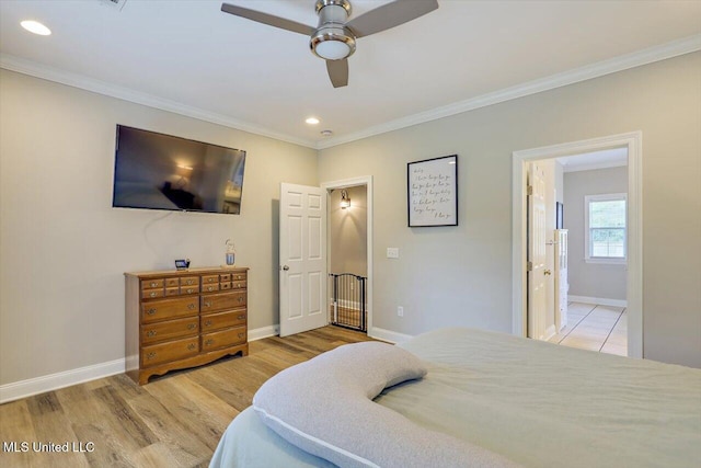 449 Abbey Woods, Brandon, MS 39047 - bedroom featuring ornamental molding, light wood finished floors, recessed lighting, connected bathroom, and ceiling fan