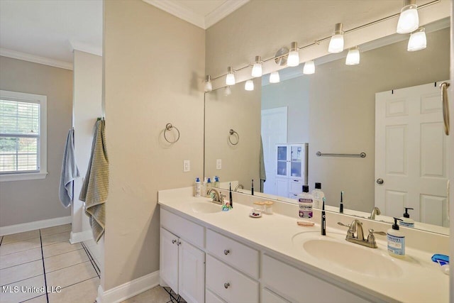 449 Abbey Woods, Brandon, MS 39047 - full bath featuring crown molding, double vanity, and tile patterned flooring