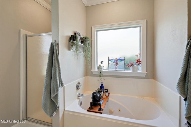 449 Abbey Woods, Brandon, MS 39047 - full bathroom with a stall shower, a jetted tub, and ornamental molding