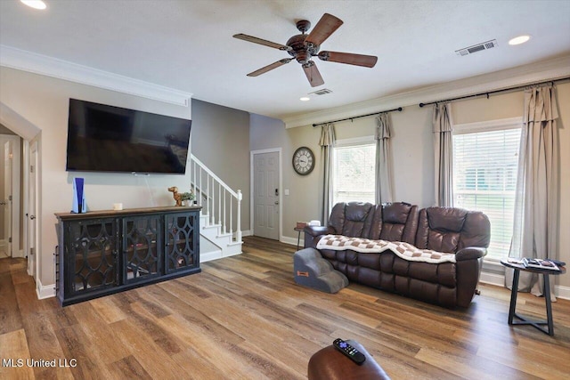 449 Abbey Woods, Brandon, MS 39047 - living area featuring stairway, wood finished floors, crown molding, a ceiling fan, and recessed lighting