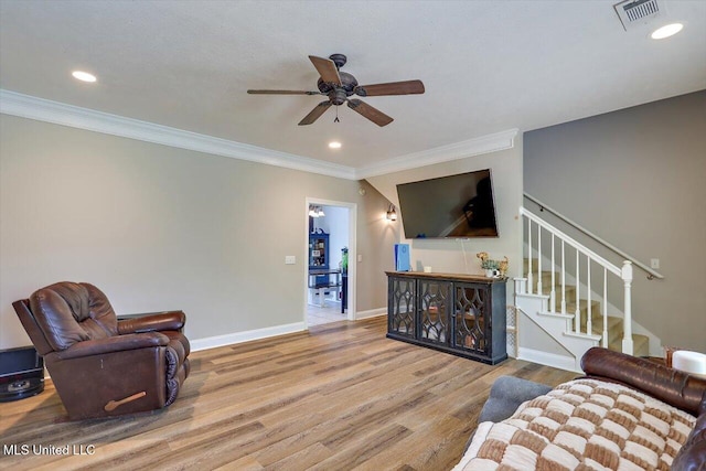 449 Abbey Woods, Brandon, MS 39047 - living room with ceiling fan, ornamental molding, wood finished floors, stairway, and recessed lighting