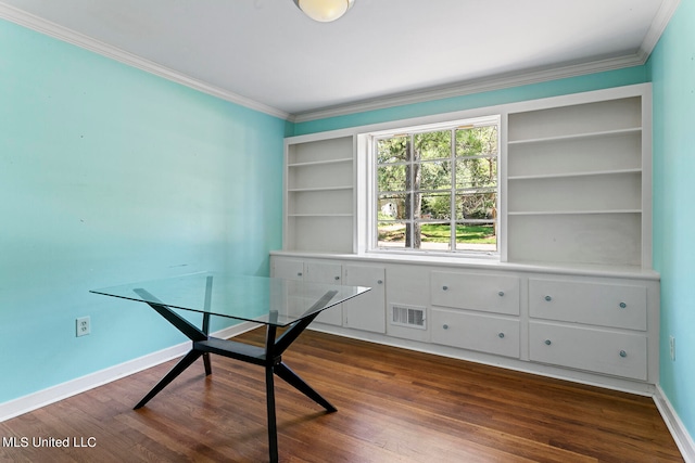 unfurnished office featuring ornamental molding and dark hardwood / wood-style floors