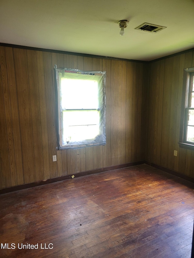 spare room featuring dark wood-type flooring, a healthy amount of sunlight, and wood walls