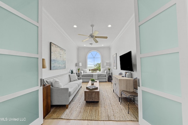 1221 E Beach Blvd, Pass Christian, MS 39571 - living area with crown molding, a ceiling fan, wood finished floors, and recessed lighting