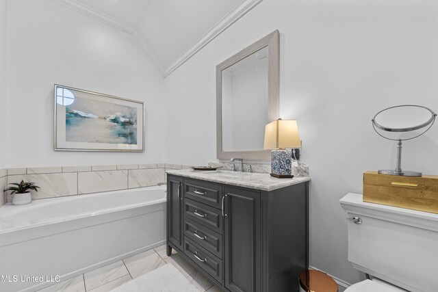 1221 E Beach Blvd, Pass Christian, MS 39571 - bathroom with crown molding, vaulted ceiling, vanity, a bath, and toilet