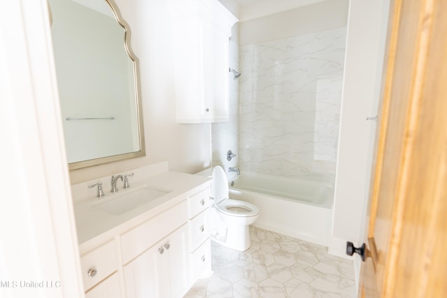 full bathroom with vanity, tiled shower / bath combo, toilet, and tile patterned floors