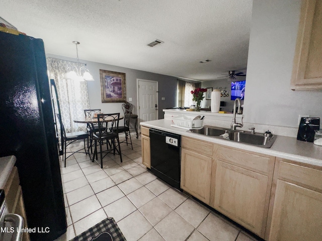 5080 Gautier Vancleave Rd Unit D-8, Gautier, MS 39553 - kitchen featuring black appliances, a sink, light brown cabinetry, light tile patterned floors, and a ceiling fan