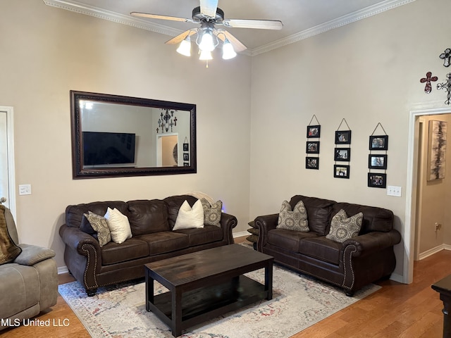 2043 Branch Creek Dr, Byram, MS 39272 - living area featuring a ceiling fan, wood finished floors, and crown molding