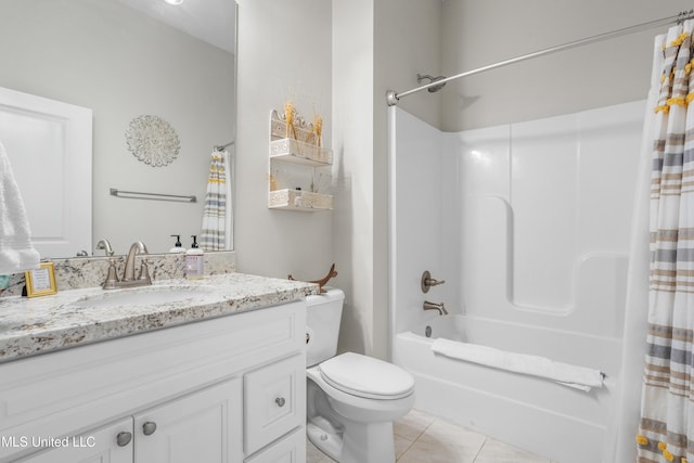 full bathroom with tile patterned flooring, vanity, toilet, and shower / bath combo with shower curtain