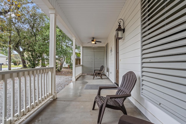 view of patio / terrace featuring ceiling fan and covered porch