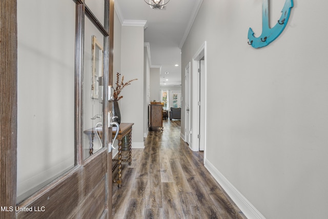 hallway featuring hardwood / wood-style flooring and ornamental molding