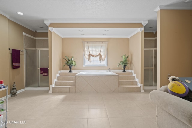 bathroom with crown molding, tile patterned flooring, and a textured ceiling