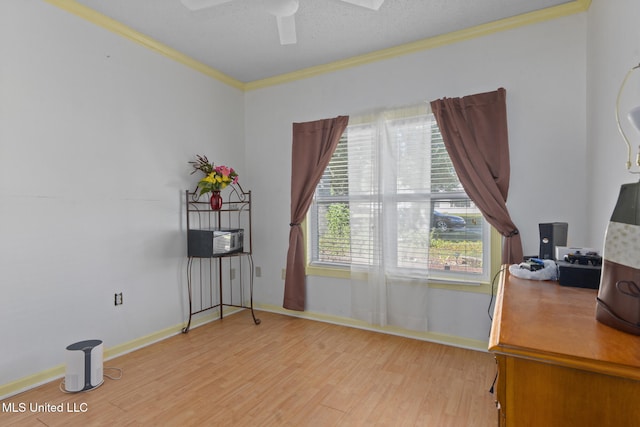 office with hardwood / wood-style flooring, ornamental molding, and a textured ceiling