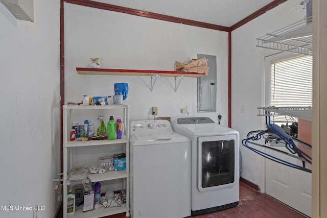 clothes washing area with electric panel, crown molding, washer and clothes dryer, and dark wood-type flooring