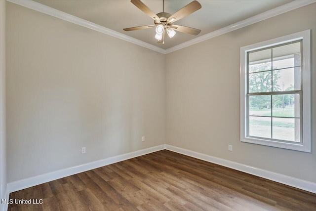 empty room with dark wood-type flooring, ceiling fan, and ornamental molding