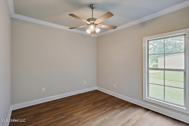 unfurnished room featuring ceiling fan, crown molding, and hardwood / wood-style floors