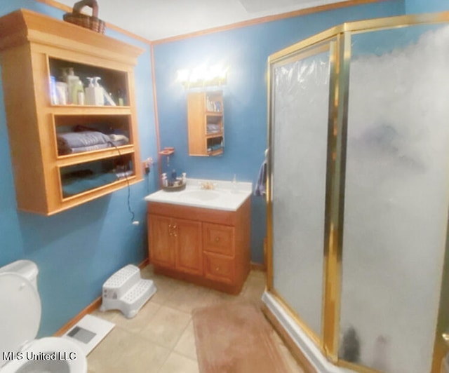 305 Bazinsky Rd, Vicksburg, MS 39180 - bathroom featuring a stall shower, vanity, toilet, and tile patterned floors