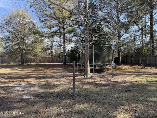 view of yard with a trampoline and a fenced backyard