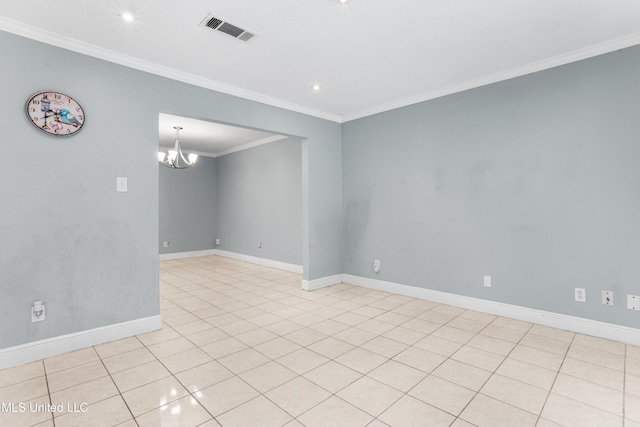 unfurnished room with light tile patterned flooring, ornamental molding, and a notable chandelier