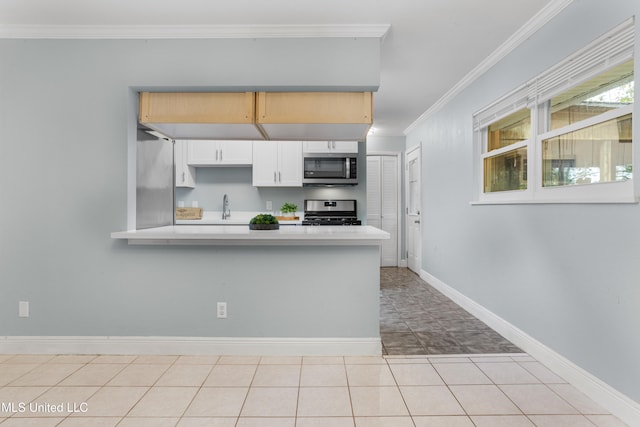 kitchen featuring kitchen peninsula, sink, light tile patterned floors, ornamental molding, and black gas range oven