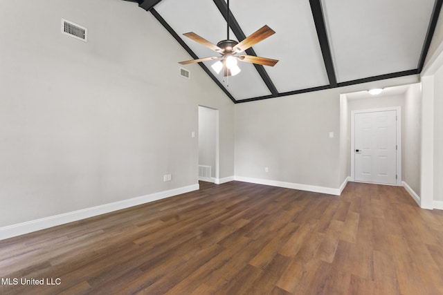 2518 El Viernes St, Gautier, MS 39553 - spare room with ceiling fan, beam ceiling, high vaulted ceiling, and dark wood-style floors