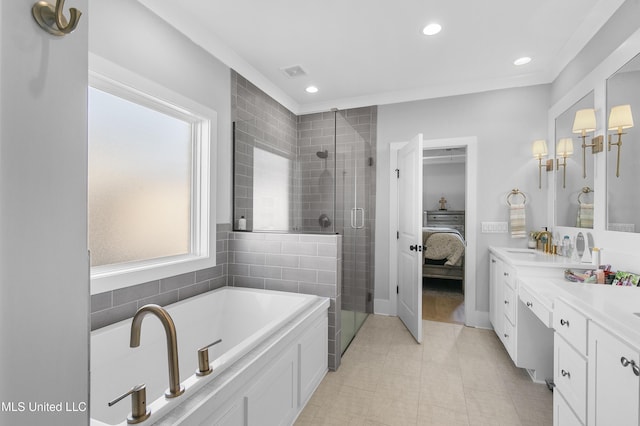 bathroom featuring vanity and plus walk in shower