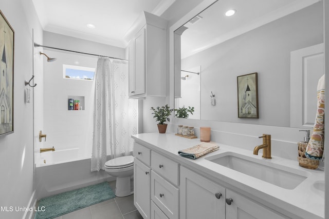 full bathroom with crown molding, shower / tub combo, tile patterned flooring, vanity, and toilet