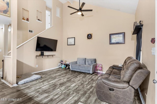 living room with high vaulted ceiling, wood-type flooring, and ceiling fan