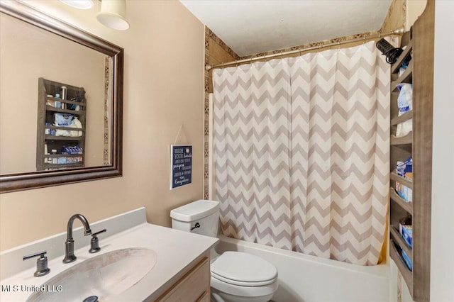 full bathroom with toilet, vanity, and shower / bath combination with curtain