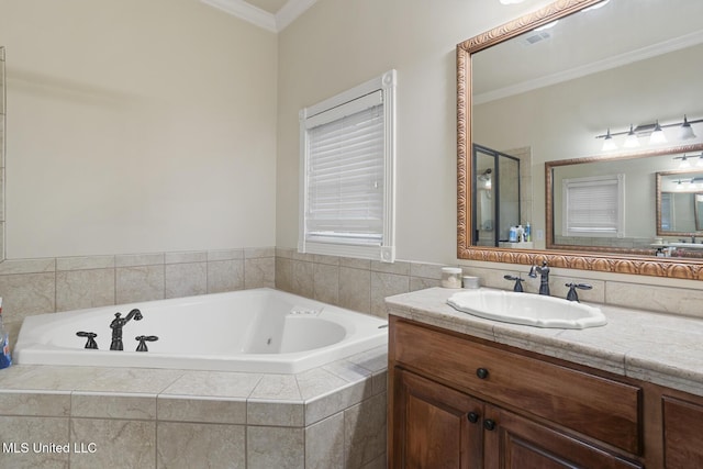 bathroom featuring vanity, crown molding, and independent shower and bath