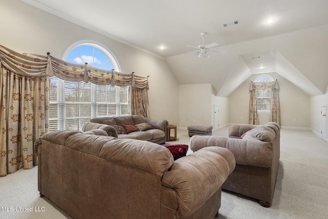 living room with lofted ceiling, light colored carpet, and ceiling fan