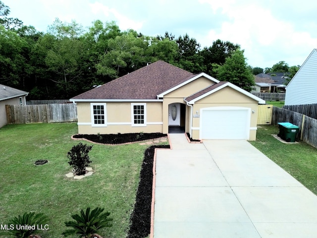 single story home with roof with shingles, a garage, stucco siding, a front yard, and driveway