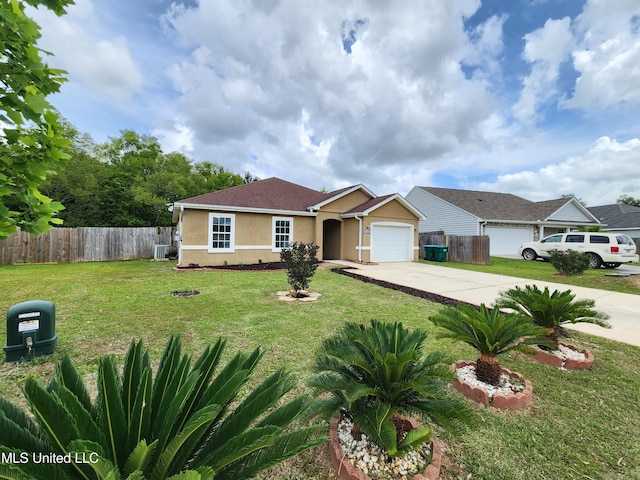 ranch-style house featuring fence, a front lawn, a garage, stucco siding, and driveway