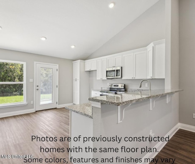 kitchen featuring white cabinetry, stainless steel appliances, light stone counters, and wood-type flooring