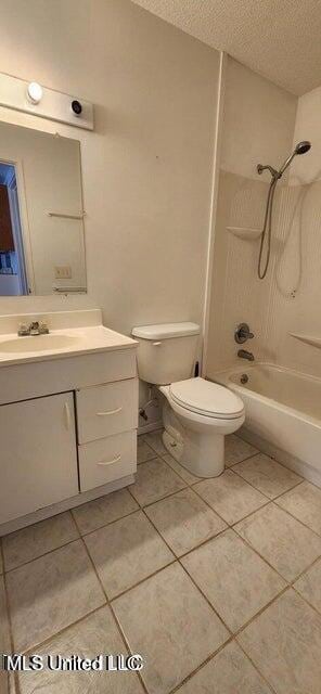 full bathroom featuring vanity, a textured ceiling, shower / bathtub combination, and toilet