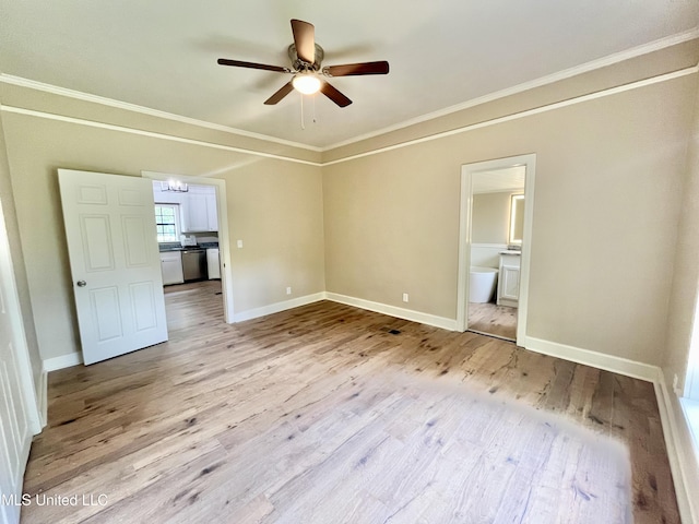 708 Lee Ave, Crystal Springs, MS 39059 - unfurnished bedroom featuring light wood finished floors, crown molding, ensuite bathroom, and ceiling fan