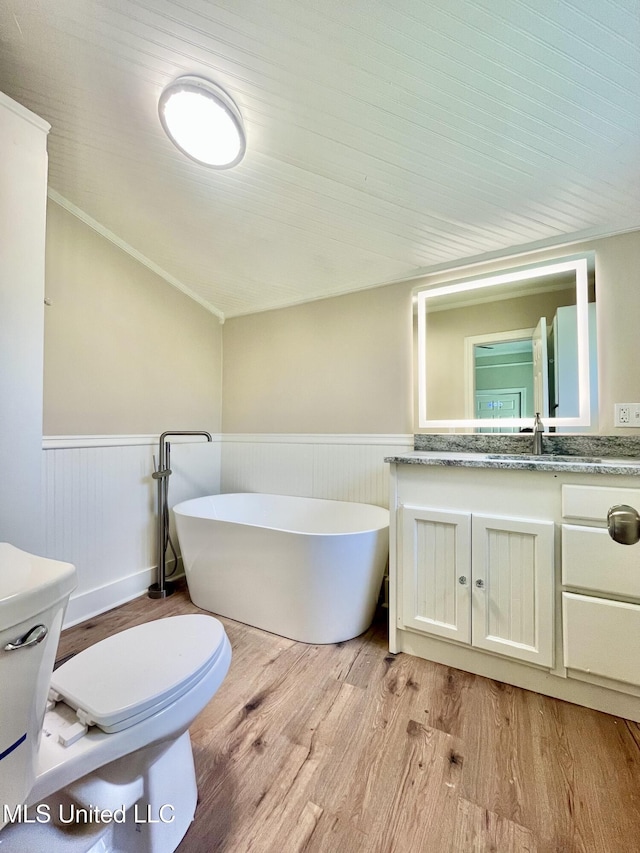 708 Lee Ave, Crystal Springs, MS 39059 - bathroom with wood finished floors, a soaking tub, vanity, a wainscoted wall, and vaulted ceiling