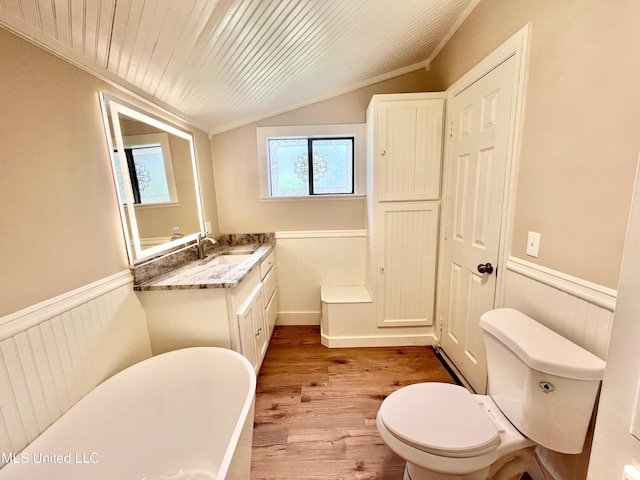708 Lee Ave, Crystal Springs, MS 39059 - bathroom with a soaking tub, vaulted ceiling, wainscoting, wood finished floors, and vanity