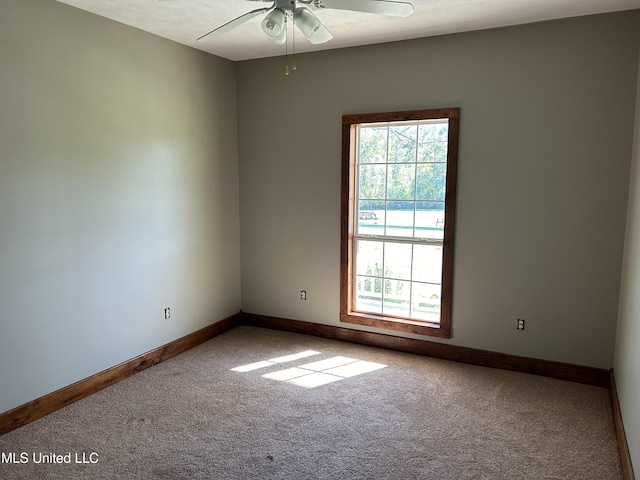 empty room with carpet flooring, ceiling fan, plenty of natural light, and a textured ceiling