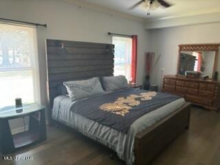 bedroom with ceiling fan, multiple windows, and dark hardwood / wood-style flooring