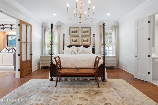 bedroom with baseboards, dark wood-style floors, and multiple windows