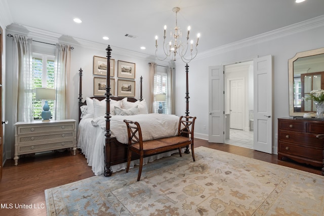 bedroom featuring a notable chandelier, recessed lighting, wood finished floors, visible vents, and ornamental molding