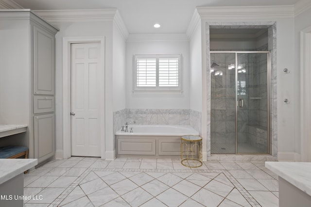 full bathroom featuring crown molding, vanity, recessed lighting, a bath, and a stall shower