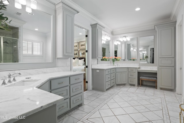 bathroom featuring visible vents, crown molding, a stall shower, vanity, and recessed lighting