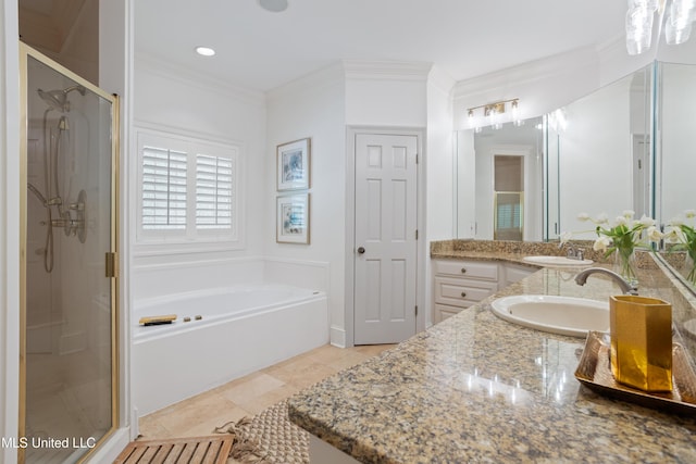 full bath featuring crown molding, vanity, tile patterned floors, a bath, and a stall shower