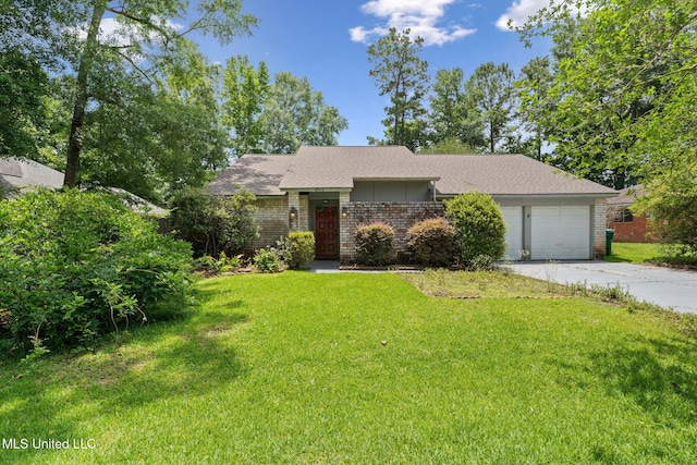 6944 Apona St, Diamondhead, MS 39525 - view of front facade with brick siding, concrete driveway, an attached garage, a front yard, and roof with shingles