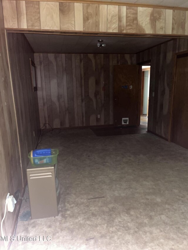 basement featuring wooden walls